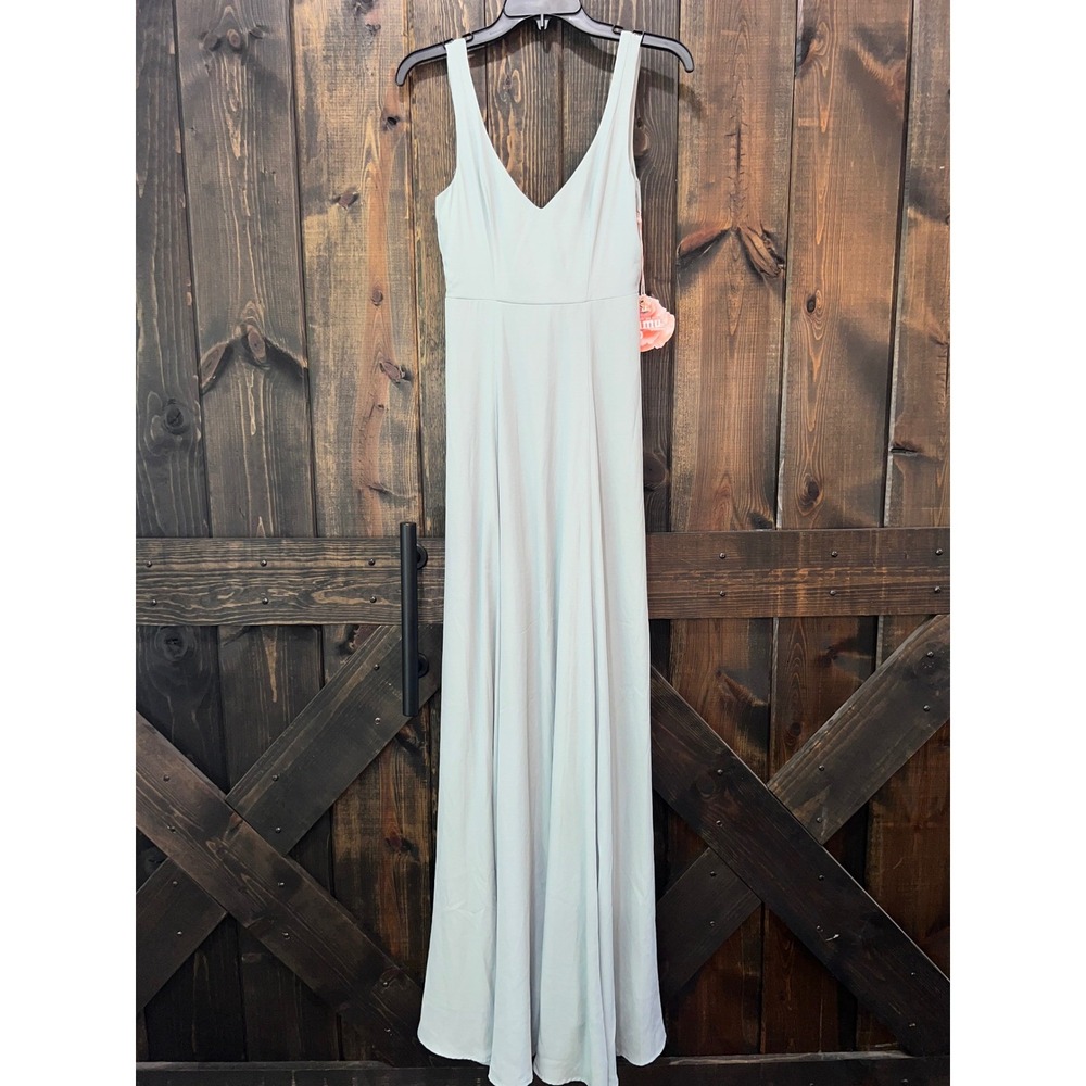 NWT Mumu Jenn Maxi Dress XXS Silver Sage Crisp Bridesmaid Gown V-neck Formal